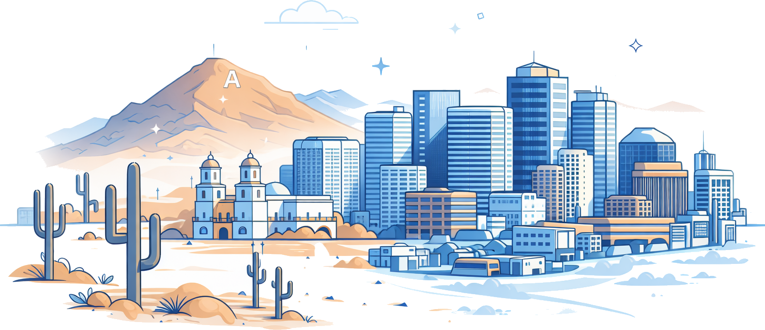Illustrated Tucson skyline with saguaros, 'A' Mountain, and Mission San Xavier
